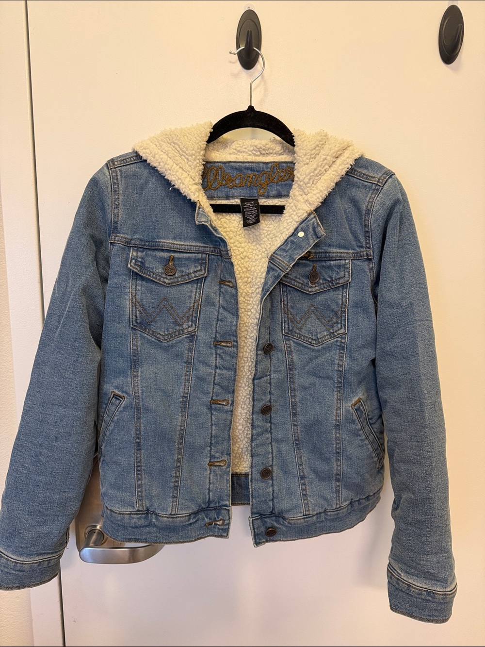 Wrangler Blue Denim Jacket with Cream Sherpa Lining and Hood